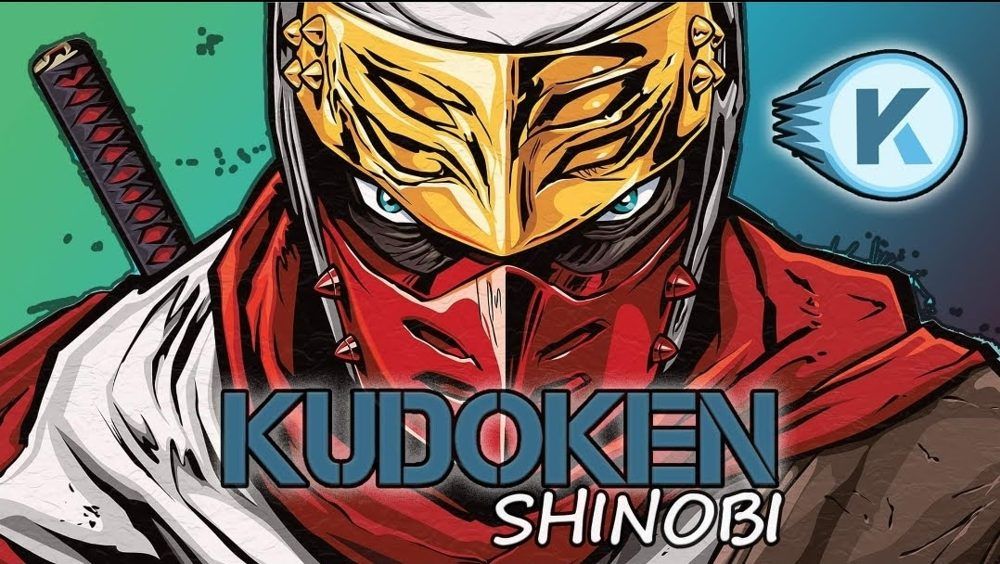 Comic style Kudoken Shinobi in a gold mask and red scarf, katana over the shoulder, with the comet K logo