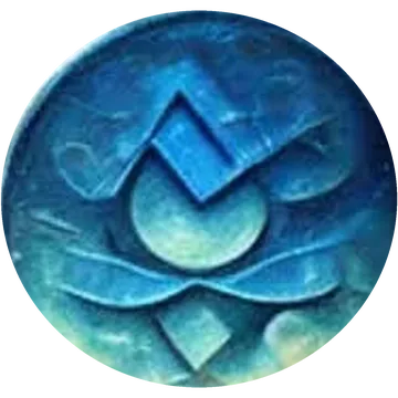 Blue glass coin art with a diamond and wave emblem