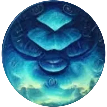 Blue glass coin art with a glowing horizon emblem