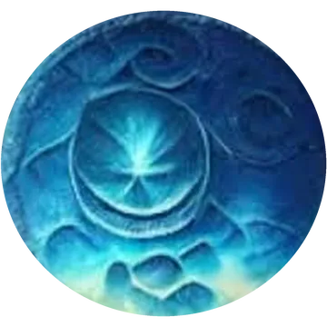 Blue glass coin art with a radiant sun emblem