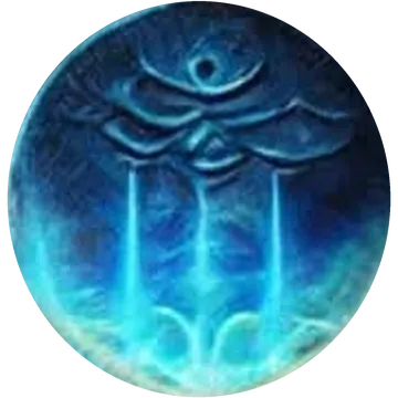 Blue glass coin art with beams of light falling from an eye